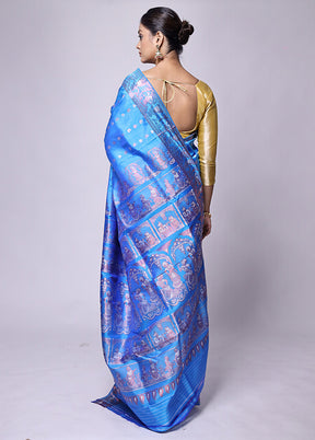 Blue Handloom Baluchari Pure Silk Saree With Blouse Piece