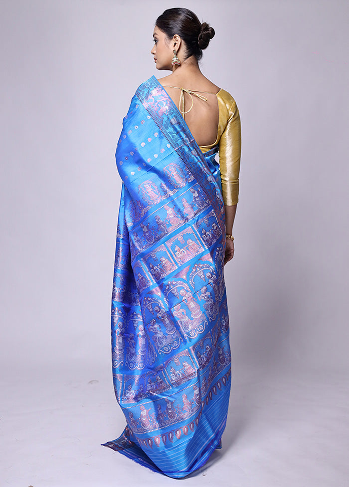 Blue Handloom Baluchari Pure Silk Saree With Blouse Piece