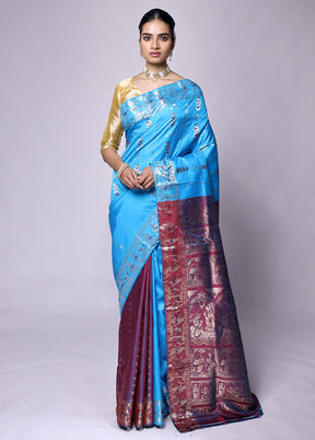 Blue Handloom Baluchari Pure Silk Saree With Blouse Piece