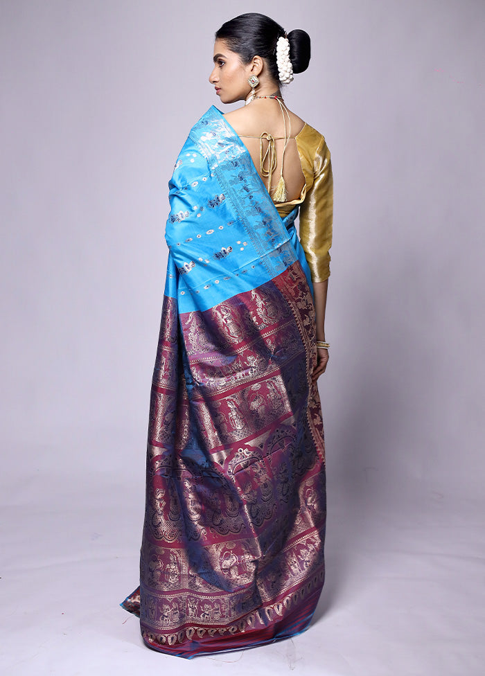 Blue Handloom Baluchari Pure Silk Saree With Blouse Piece