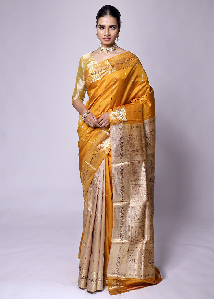 Yellow Handloom Baluchari Pure Silk Saree With Blouse Piece