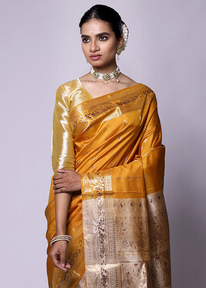 Yellow Handloom Baluchari Pure Silk Saree With Blouse Piece