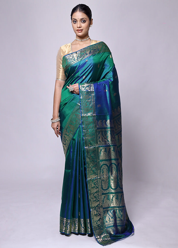 Green Handloom Baluchari Pure Silk Saree With Blouse Piece