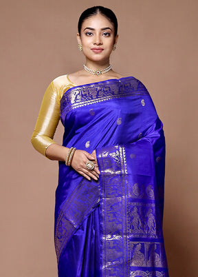 Blue Handloom Baluchari Pure Silk Saree With Blouse Piece