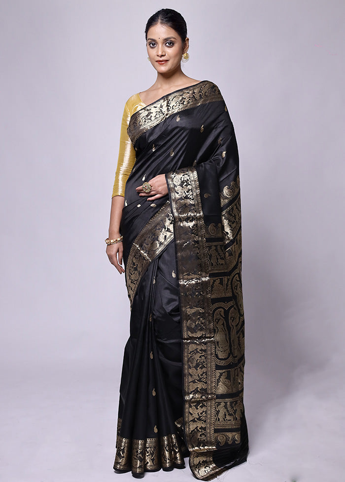 Black Handloom Baluchari Pure Silk Saree With Blouse Piece