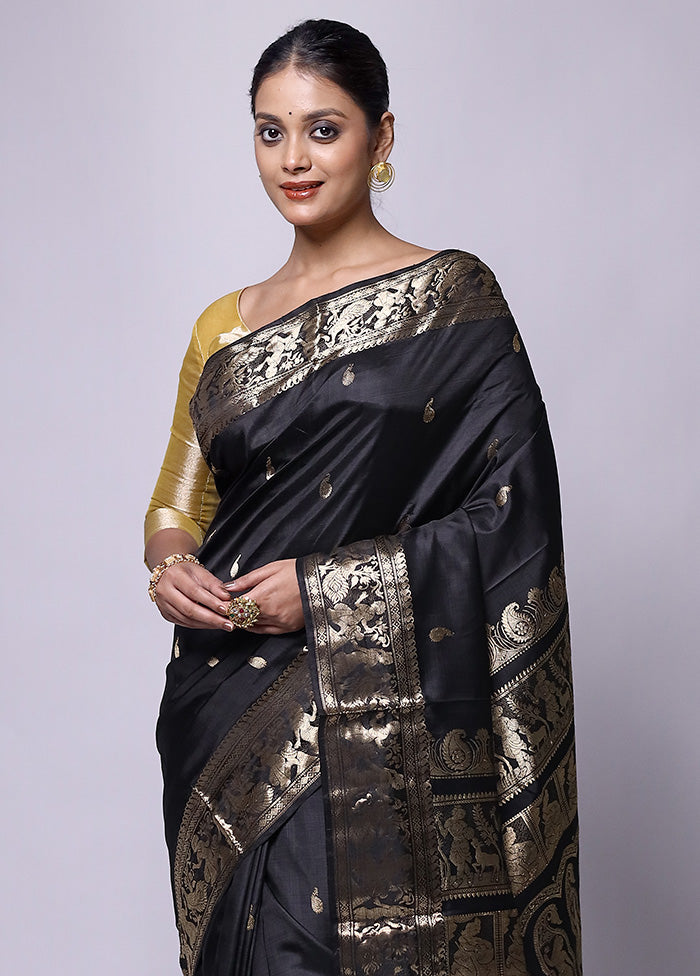 Black Handloom Baluchari Pure Silk Saree With Blouse Piece