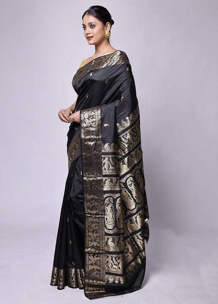 Black Handloom Baluchari Pure Silk Saree With Blouse Piece