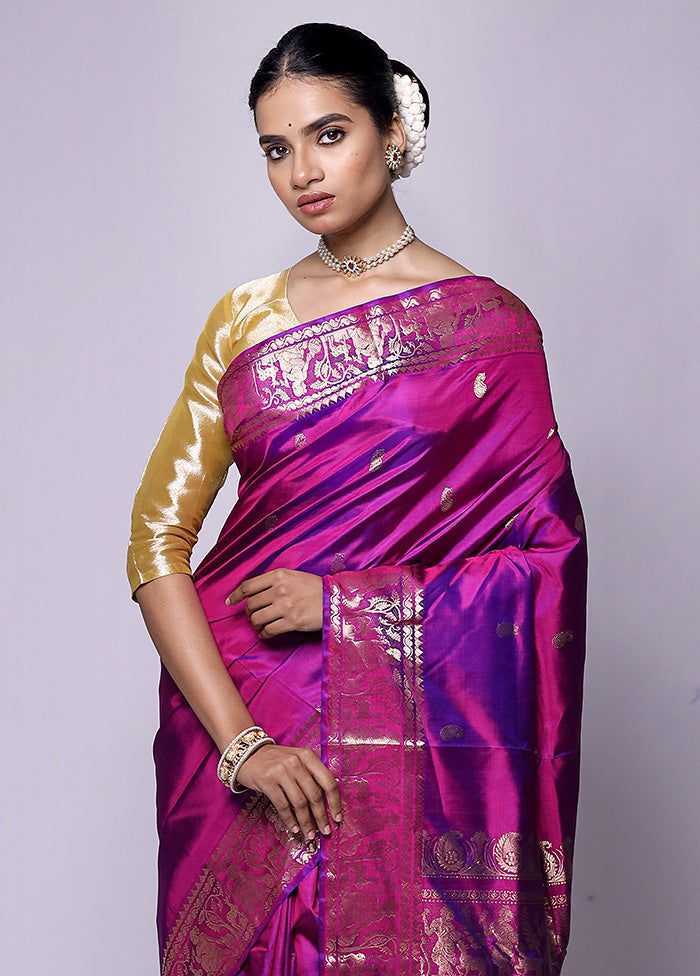 Purple Handloom Baluchari Pure Silk Saree With Blouse Piece