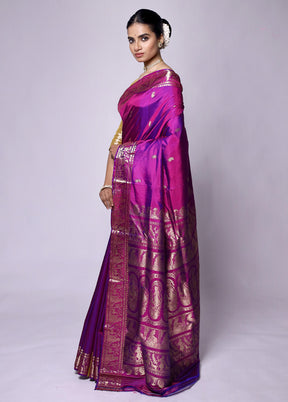 Purple Handloom Baluchari Pure Silk Saree With Blouse Piece