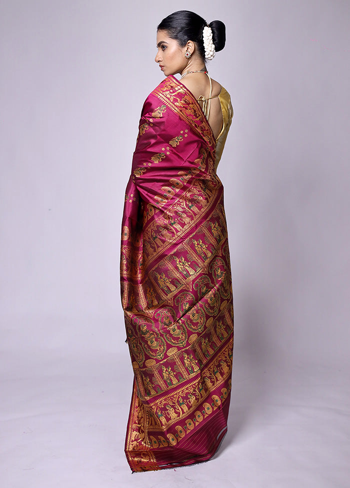 Maroon Handloom Baluchari Pure Silk Saree With Blouse Piece