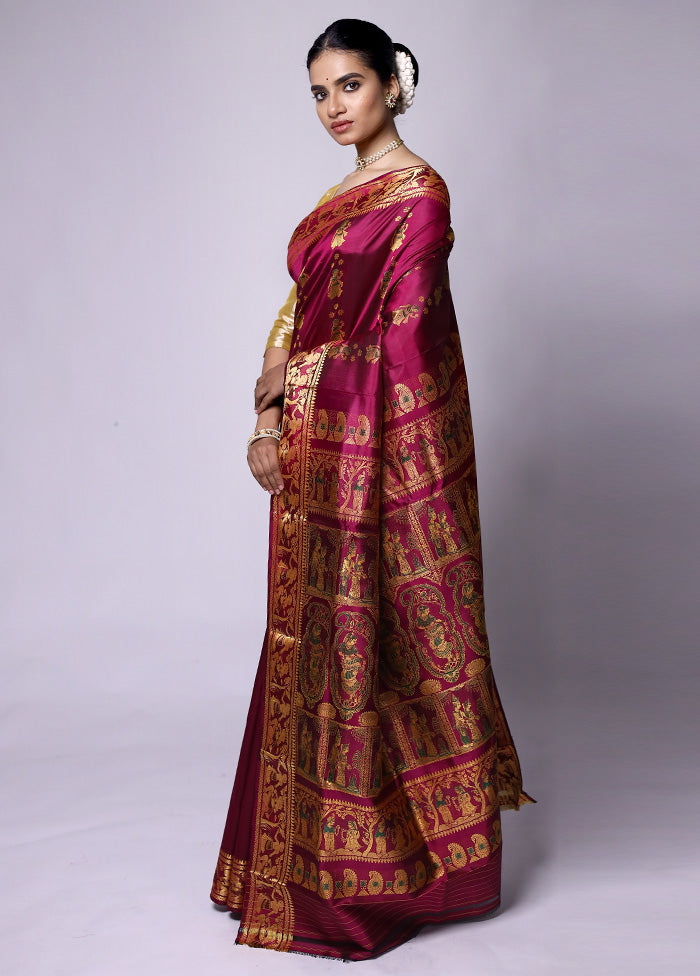 Maroon Handloom Baluchari Pure Silk Saree With Blouse Piece