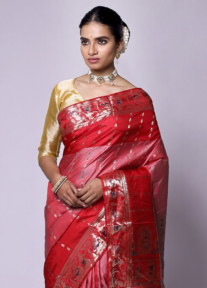 Red Handloom Baluchari Pure Silk Saree With Blouse Piece