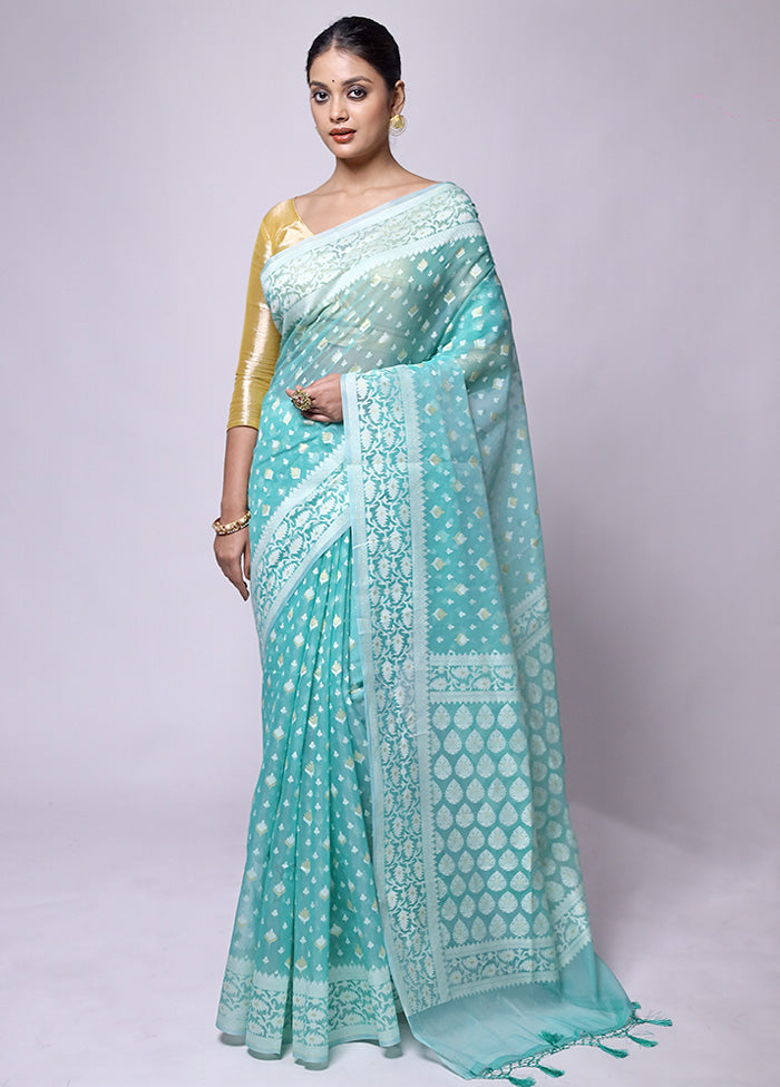 Blue Kora Silk Saree With Blouse Piece