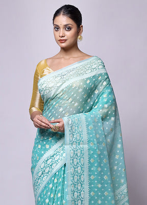 Blue Kora Silk Saree With Blouse Piece