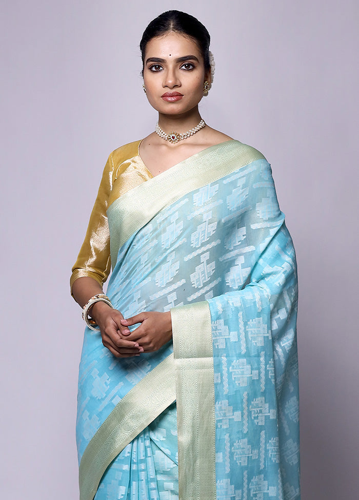 Blue Kora Silk Saree With Blouse Piece