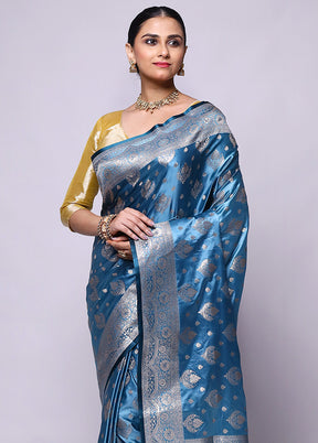 Blue Banarasi Silk Saree With Blouse Piece