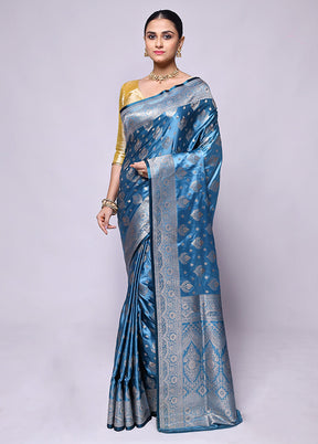 Blue Banarasi Silk Saree With Blouse Piece