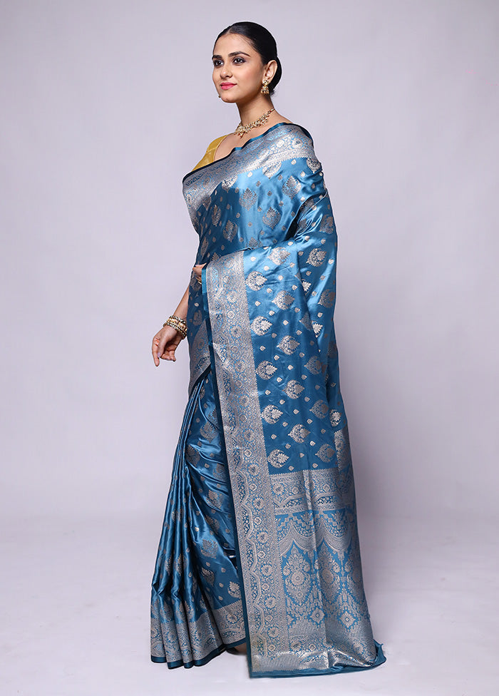 Blue Banarasi Silk Saree With Blouse Piece