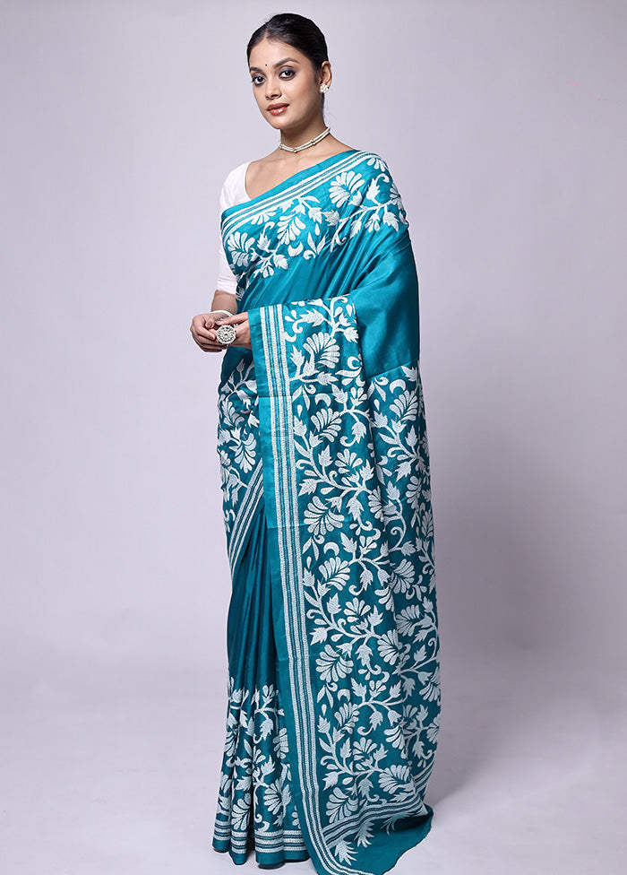 Blue Handloom Kantha Stitch Pure Silk Saree With Blouse Piece