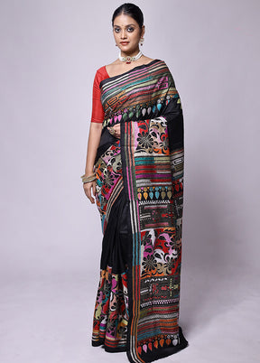 Black Handloom Kantha Stitch Pure Silk Saree With Blouse Piece