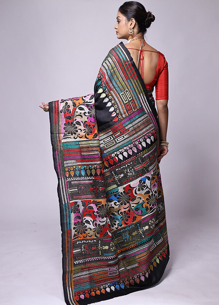 Black Handloom Kantha Stitch Pure Silk Saree With Blouse Piece