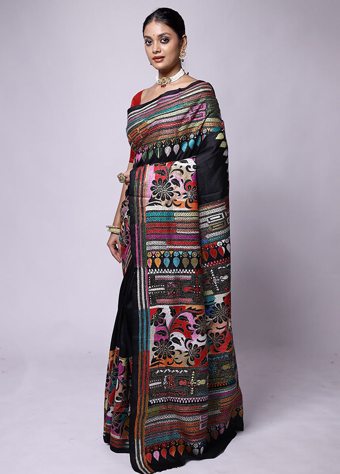 Black Handloom Kantha Stitch Pure Silk Saree With Blouse Piece