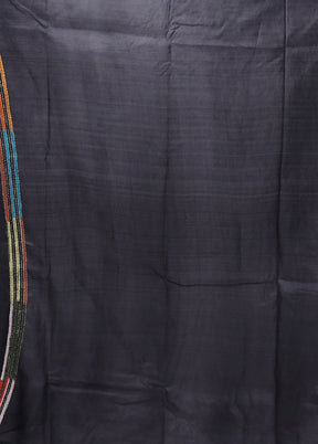 Black Handloom Kantha Stitch Pure Silk Saree With Blouse Piece