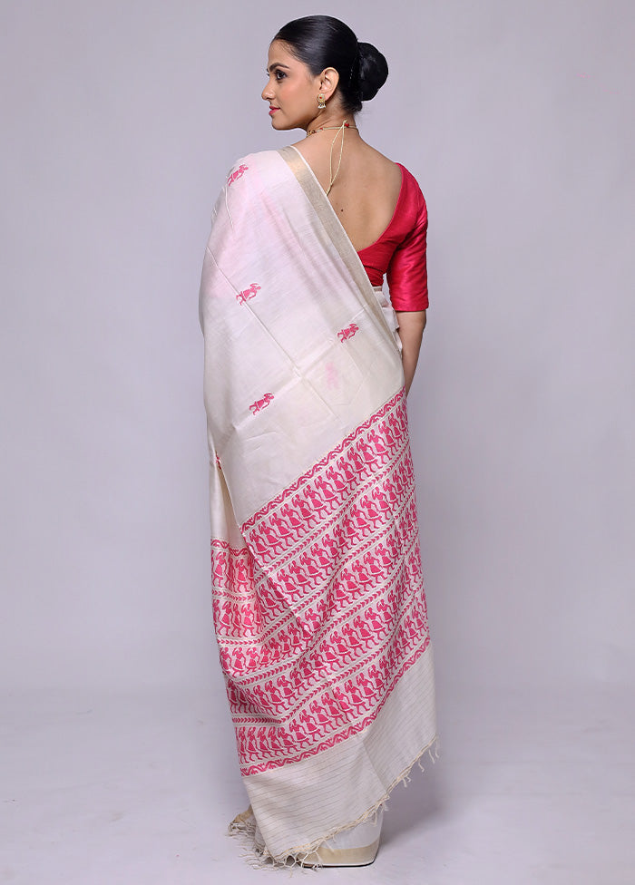 White Handloom Tussar Pure Silk Saree With Blouse Piece