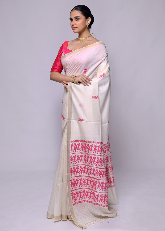 White Handloom Tussar Pure Silk Saree With Blouse Piece