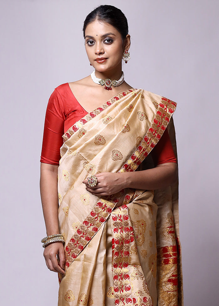 Cream Handloom Assam Pure Silk Saree With Blouse Piece