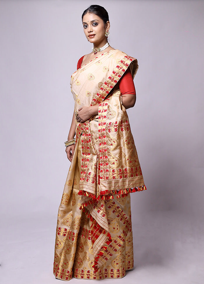 Cream Handloom Assam Pure Silk Saree With Blouse Piece