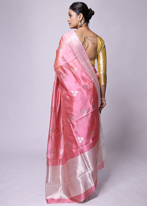 Pink Handloom Chanderi Pure Cotton Saree With Blouse Piece