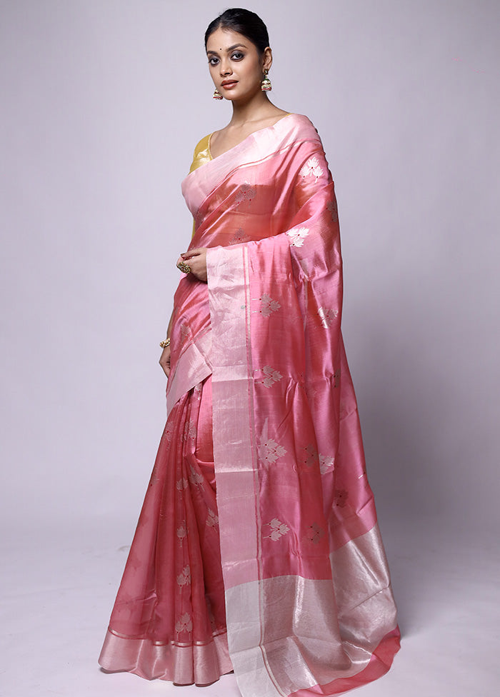 Pink Handloom Chanderi Pure Cotton Saree With Blouse Piece