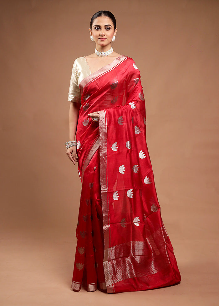 Red Handloom Chanderi Pure Cotton Saree With Blouse Piece