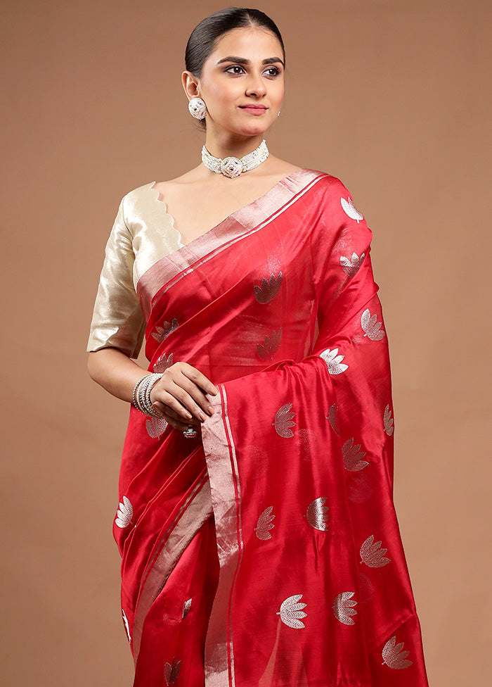 Red Handloom Chanderi Pure Cotton Saree With Blouse Piece