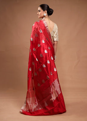 Red Handloom Chanderi Pure Cotton Saree With Blouse Piece