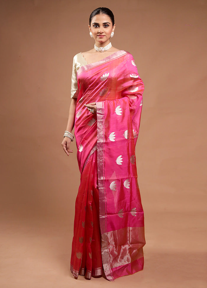 Pink Handloom Chanderi Pure Cotton Saree With Blouse Piece