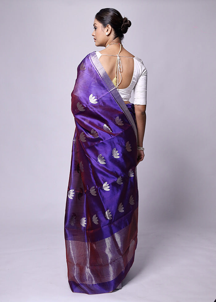 Purple Handloom Chanderi Pure Cotton Saree With Blouse Piece