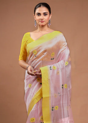 Pink Handloom Chanderi Pure Cotton Saree With Blouse Piece