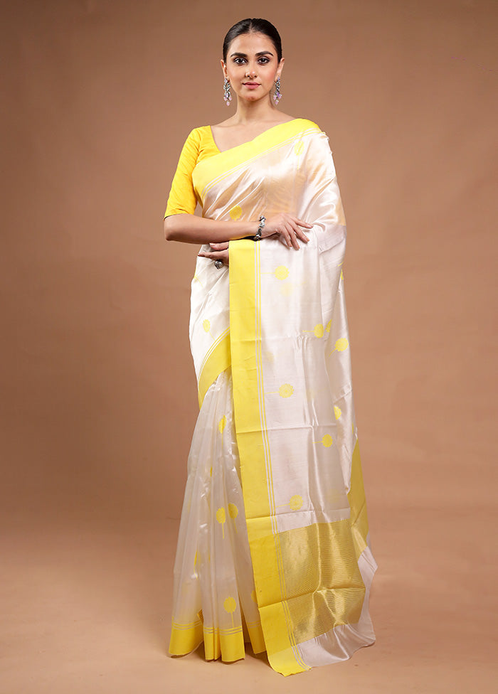 White Handloom Chanderi Pure Cotton Saree With Blouse Piece