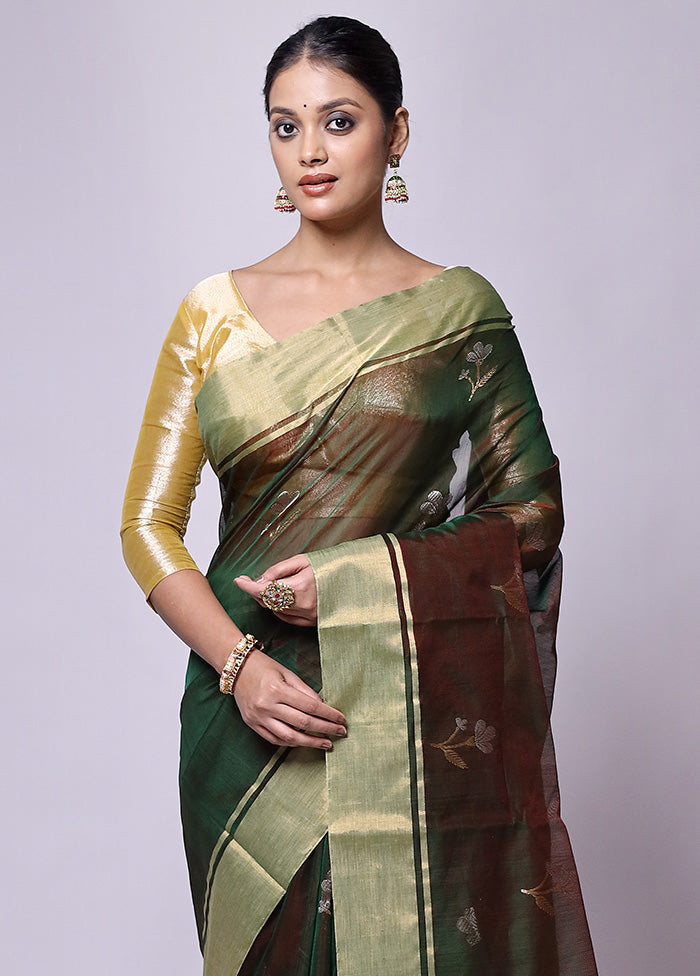 Green Handloom Chanderi Pure Cotton Saree With Blouse Piece