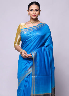 Blue Handloom Tussar Pure Silk Saree With Blouse Piece