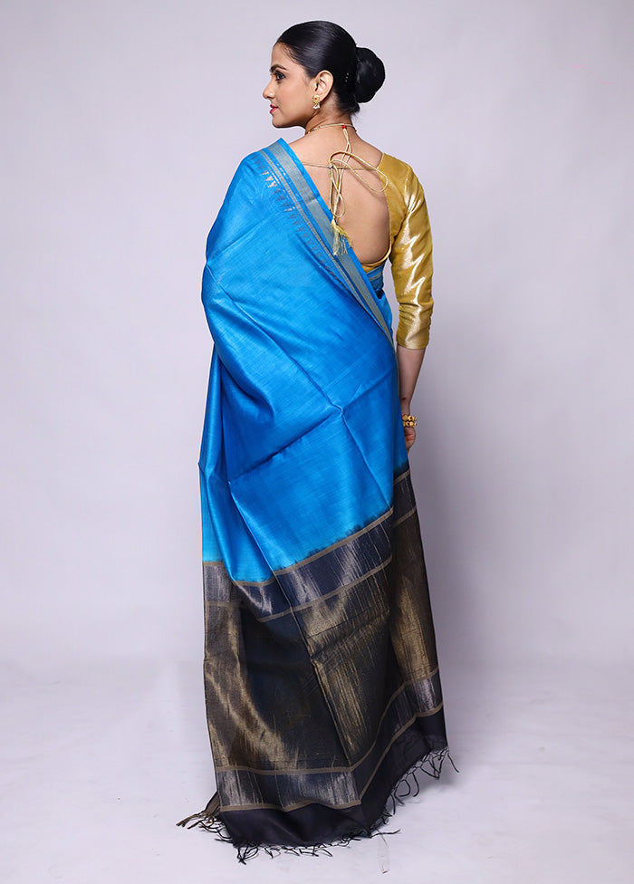 Blue Handloom Tussar Pure Silk Saree With Blouse Piece