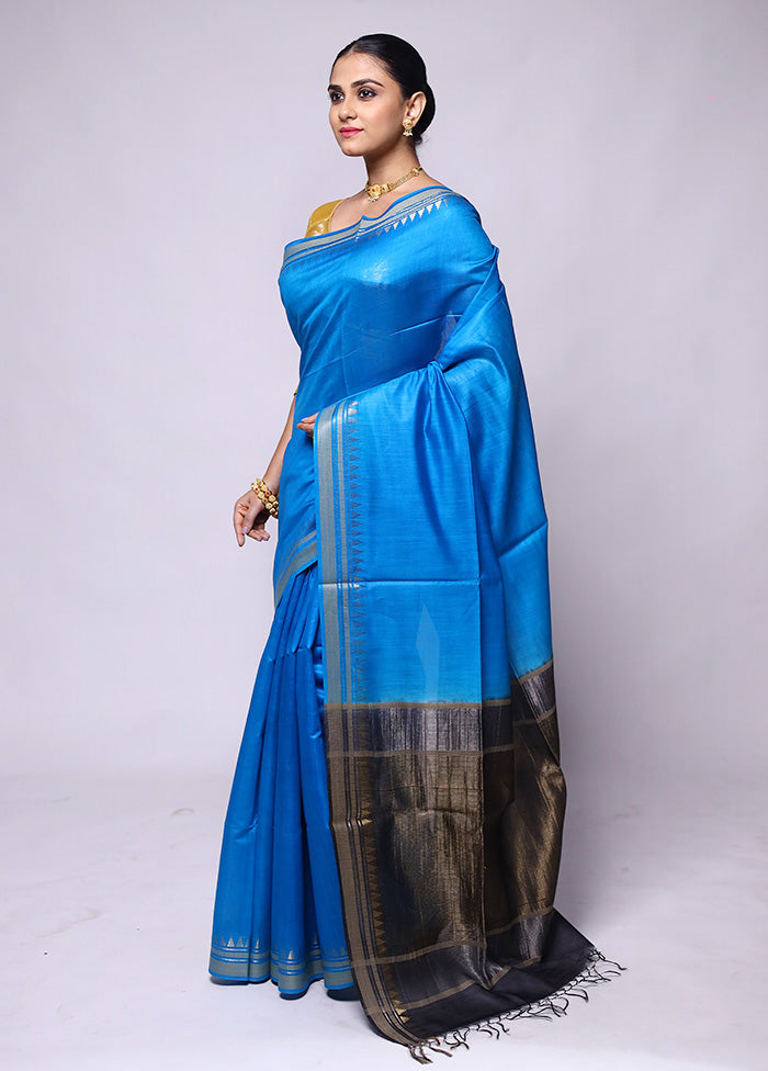 Blue Handloom Tussar Pure Silk Saree With Blouse Piece