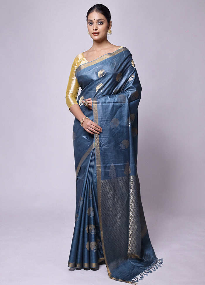 Grey Handloom Tussar Pure Silk Saree With Blouse Piece