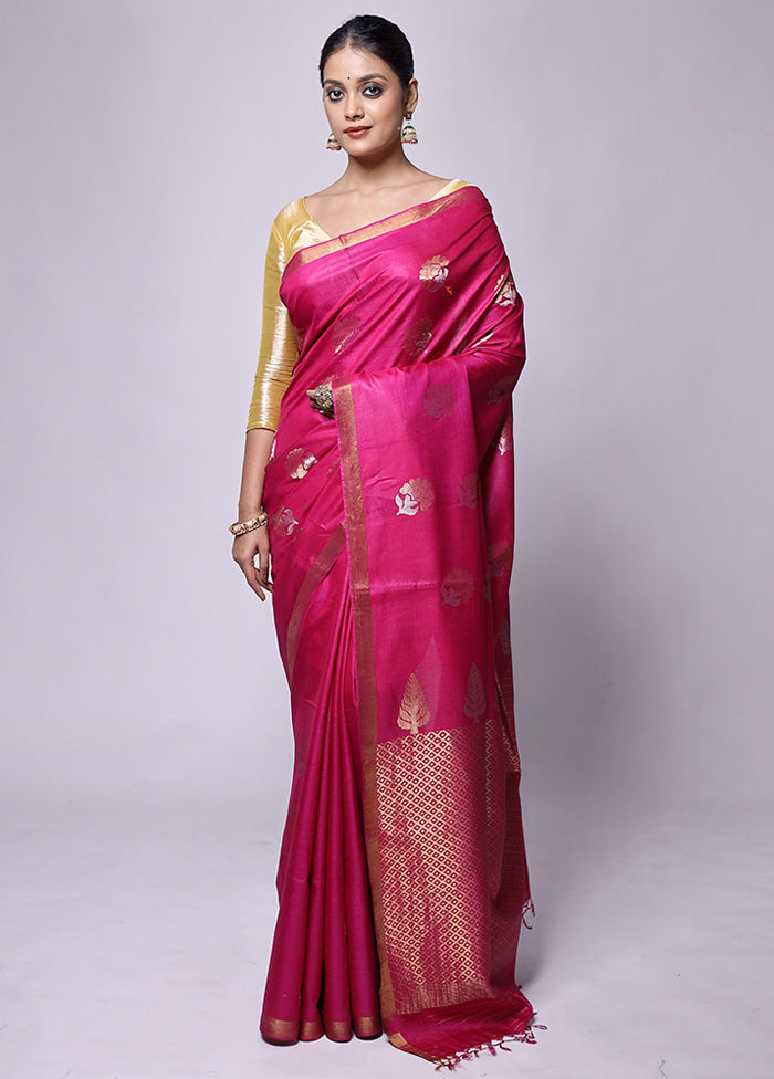 Pink Handloom Tussar Pure Silk Saree With Blouse Piece