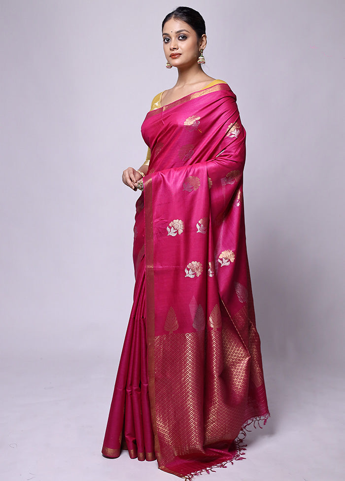 Pink Handloom Tussar Pure Silk Saree With Blouse Piece