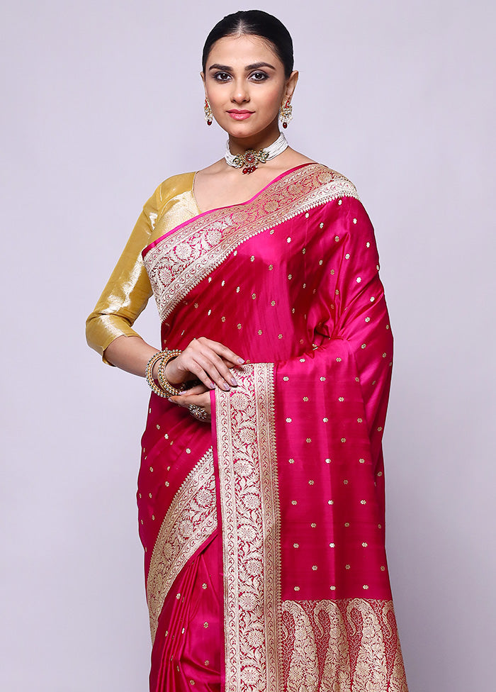 Pink Handloom Banarasi Pure Silk Saree With Blouse Piece