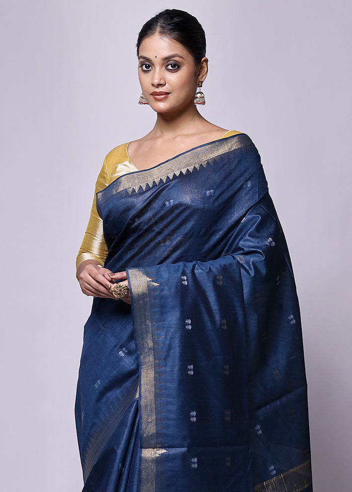 Blue Tussar Silk Saree With Blouse Piece