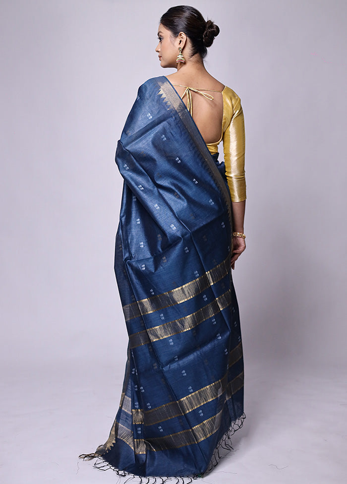 Blue Tussar Silk Saree With Blouse Piece